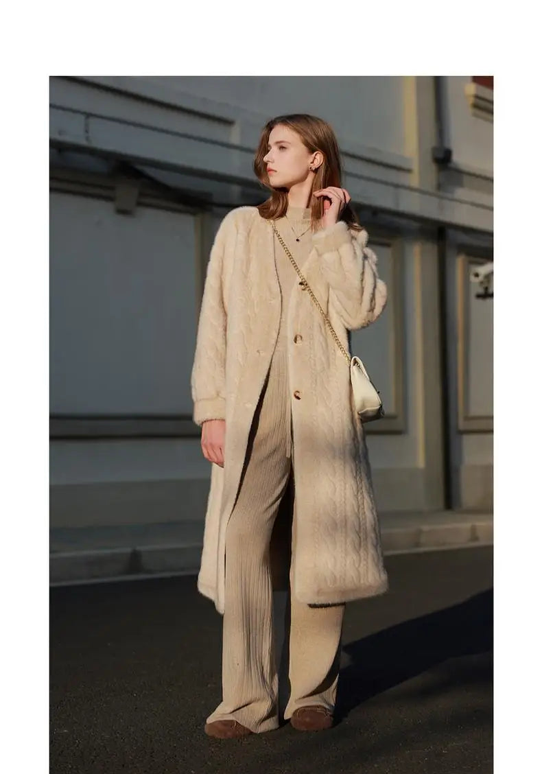 Women Fur Cardigan Thickened Long 2024Autumn Winter V-neck Jacket Female Loose Simple Leisure With Buttons Casual Faux Fur Coat RT220