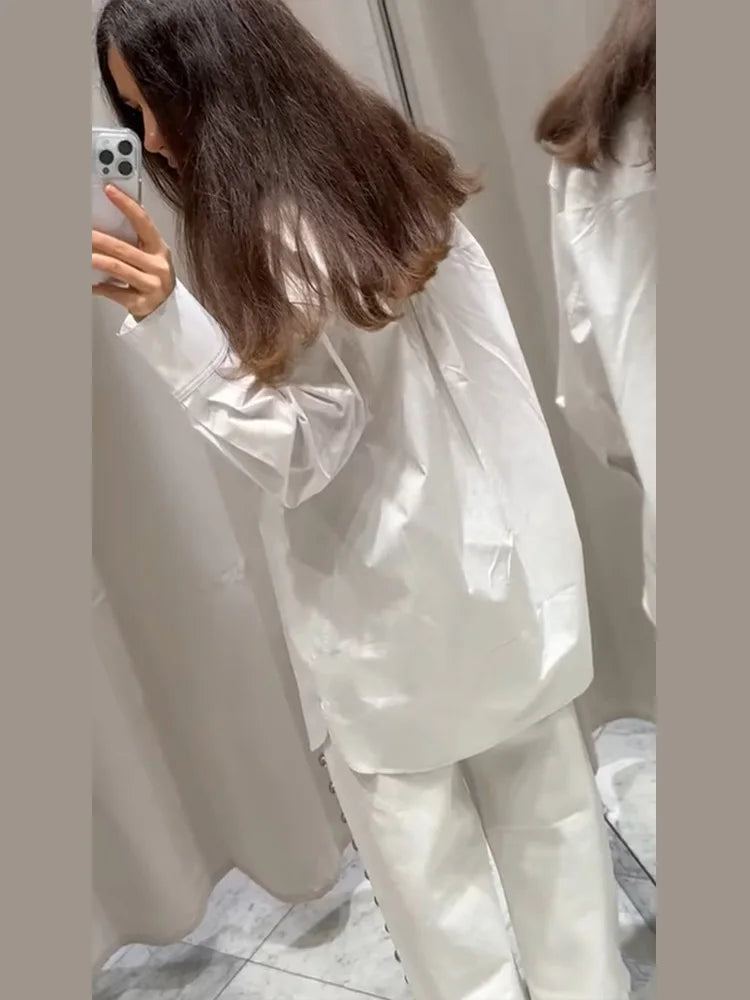 Fashion White Lapel Oversize Long Sleeve Shirts 2025 Spring New Weave Drawstring Blouse Lady Holiday Beach Street Chic Loose Top RT220