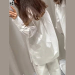 Fashion White Lapel Oversize Long Sleeve Shirts 2025 Spring New Weave Drawstring Blouse Lady Holiday Beach Street Chic Loose Top RT220
