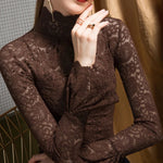 Women Paisley Flower Lace Shirt S-2XL Stretch Turtleneck Bell Sleeve Blouse Tops Pink Blue Coffee Green Fashion Ladies Blouses RT220