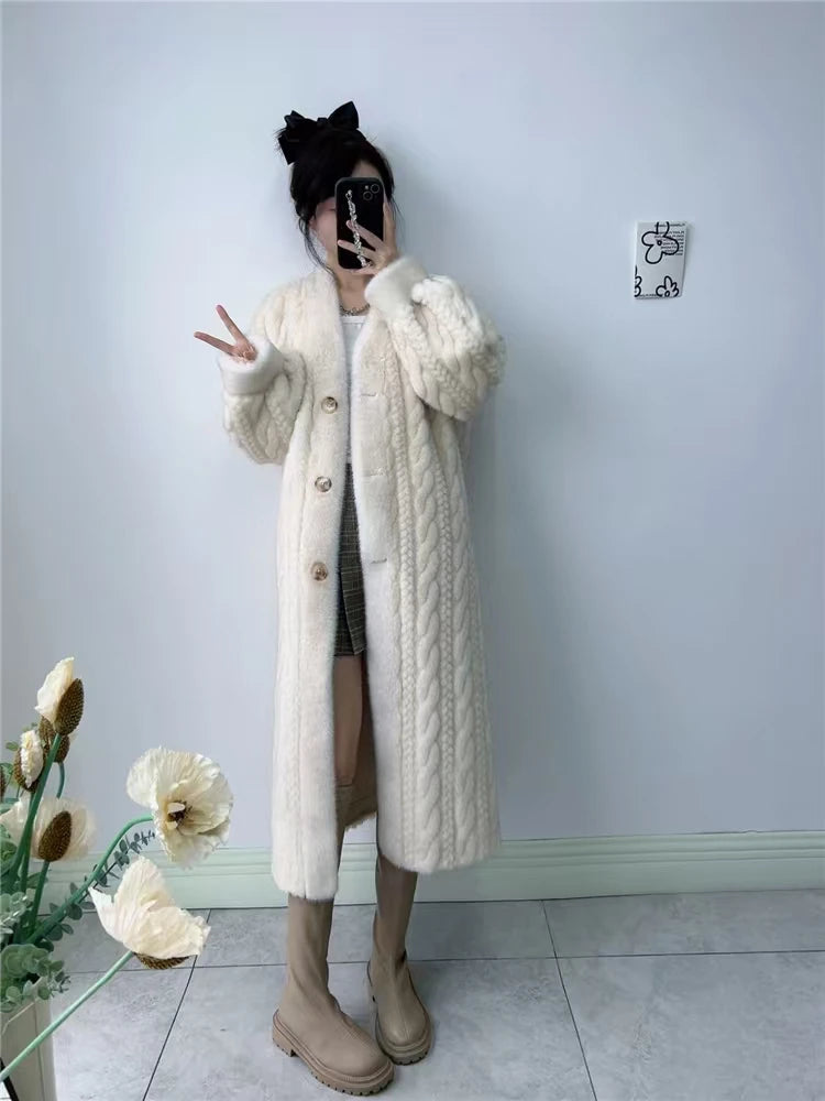 Women Fur Cardigan Thickened Long2025Spring And Autumn V-neck Jacket Female Loose Simple Leisure With Buttons Faux Fur Mink Coat RT220
