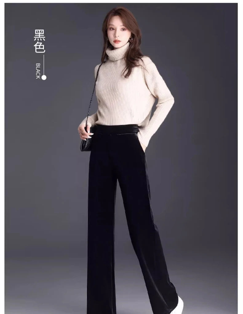 Golden Velvet Wide Legged Pants 2024 Spring and Autumn High Waist Hanging Good Casual Pants Blue Loose Straight Women's Pants6XL RT220