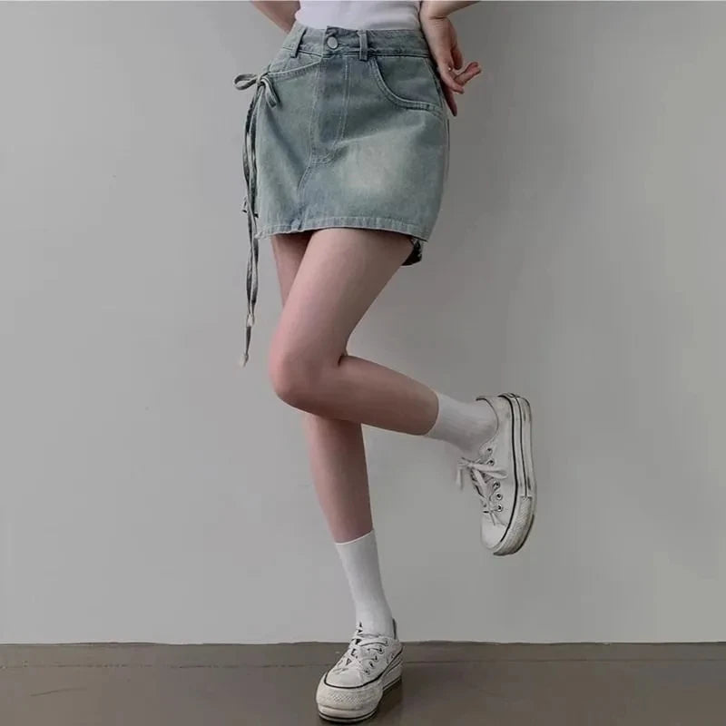 DFCF 2025 Spring Summe Jeans Streetwear Vintage Irregular Laced Up short Jeans Women Y2k Korean Fashion High Waist Straight Pant RT220