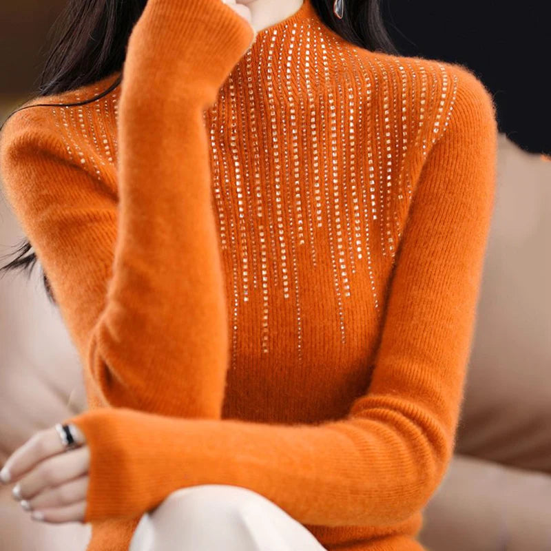 Lucyever Luxury Shiny Crystal Turtleneck Sweaters Women Fashion Slim Rhinestones Knitted Jumper Ladies Solid Soft Warm Pullover RT220