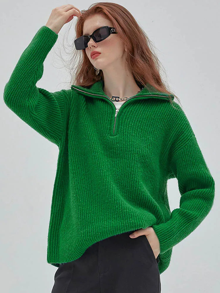 Fashion Women Sweaters 2025 LOOSE Zipper Design Pullovers Casual Solid Turtleneck Thickening Pink Knitted Winter Women's Sweater RT220