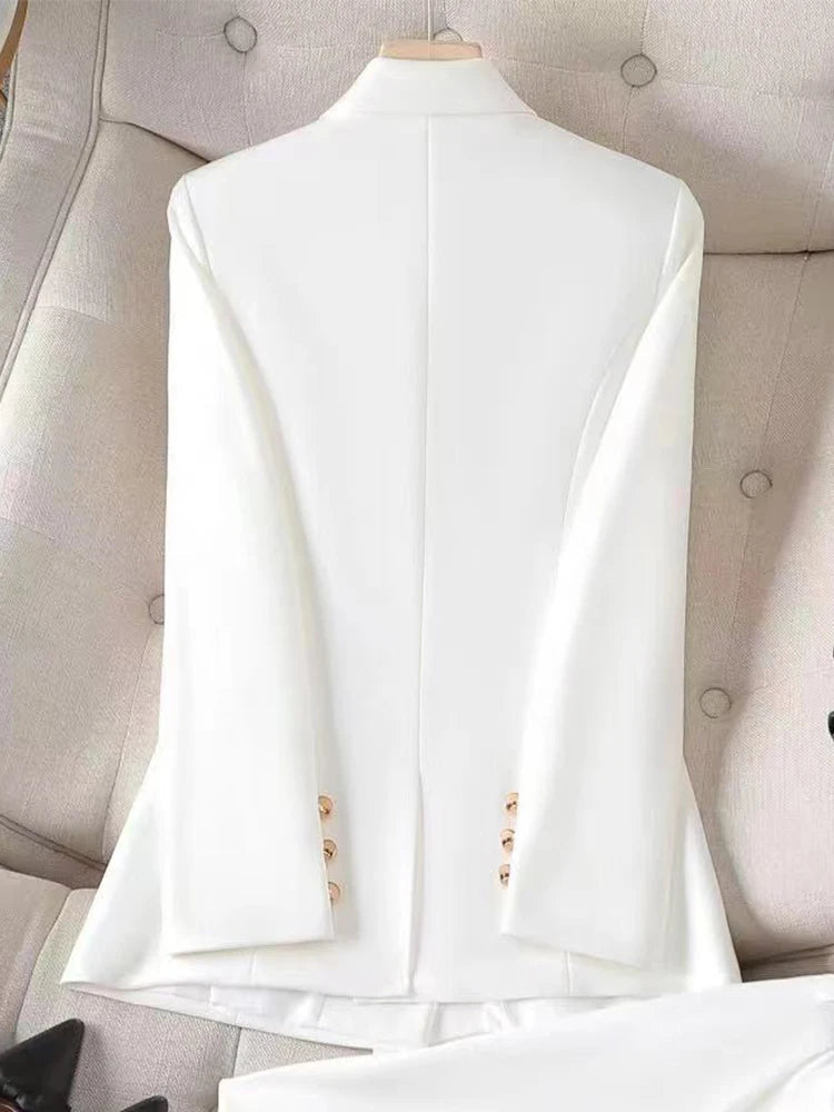 Gray Black Blue White Fashion Women Pant Suit Long Sleeve Solid Ladies Blazer and Trouser Formal 2 Piece Set For Autumn Winter RT220