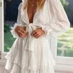 Sexy Cascading Ruffles Women Long Sleeve Mini Dress Deep V-Neck Lace-Up Casual Ladies Party Dress Sweet Streetwear Dropshipping RT220