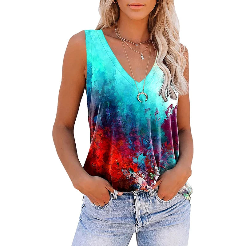 Summer Tie Dye 3D Print Tank Tops Women V-Neck Sleeveless Camisoles Off Shoulder Vest Woman Y2k Top Streetwear Female Clothing RT220