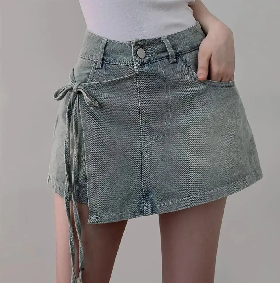 DFCF 2025 Spring Summe Jeans Streetwear Vintage Irregular Laced Up short Jeans Women Y2k Korean Fashion High Waist Straight Pant RT220