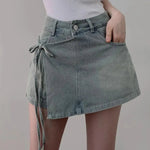 DFCF 2025 Spring Summe Jeans Streetwear Vintage Irregular Laced Up short Jeans Women Y2k Korean Fashion High Waist Straight Pant RT220