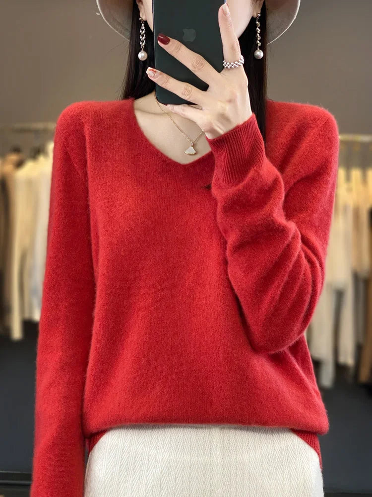 2024 New Womens Basic V-neck Pullover Sweater 100% Merino Wool Long Sleeve Cashmere Knitwear Autumn Winter Female Clothing Tops RT220