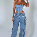 Fashion Multi-pocket Jeans New Baggy Jeans Women Cargo Pants Women High Waist Butt Lifter Loose Straight-leg Pants Tight Stretch RT220