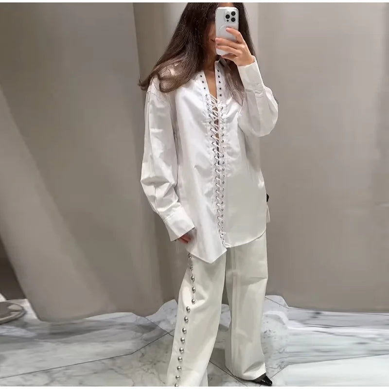 Fashion White Lapel Oversize Long Sleeve Shirts 2025 Spring New Weave Drawstring Blouse Lady Holiday Beach Street Chic Loose Top RT220