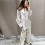 Fashion White Lapel Oversize Long Sleeve Shirts 2025 Spring New Weave Drawstring Blouse Lady Holiday Beach Street Chic Loose Top RT220