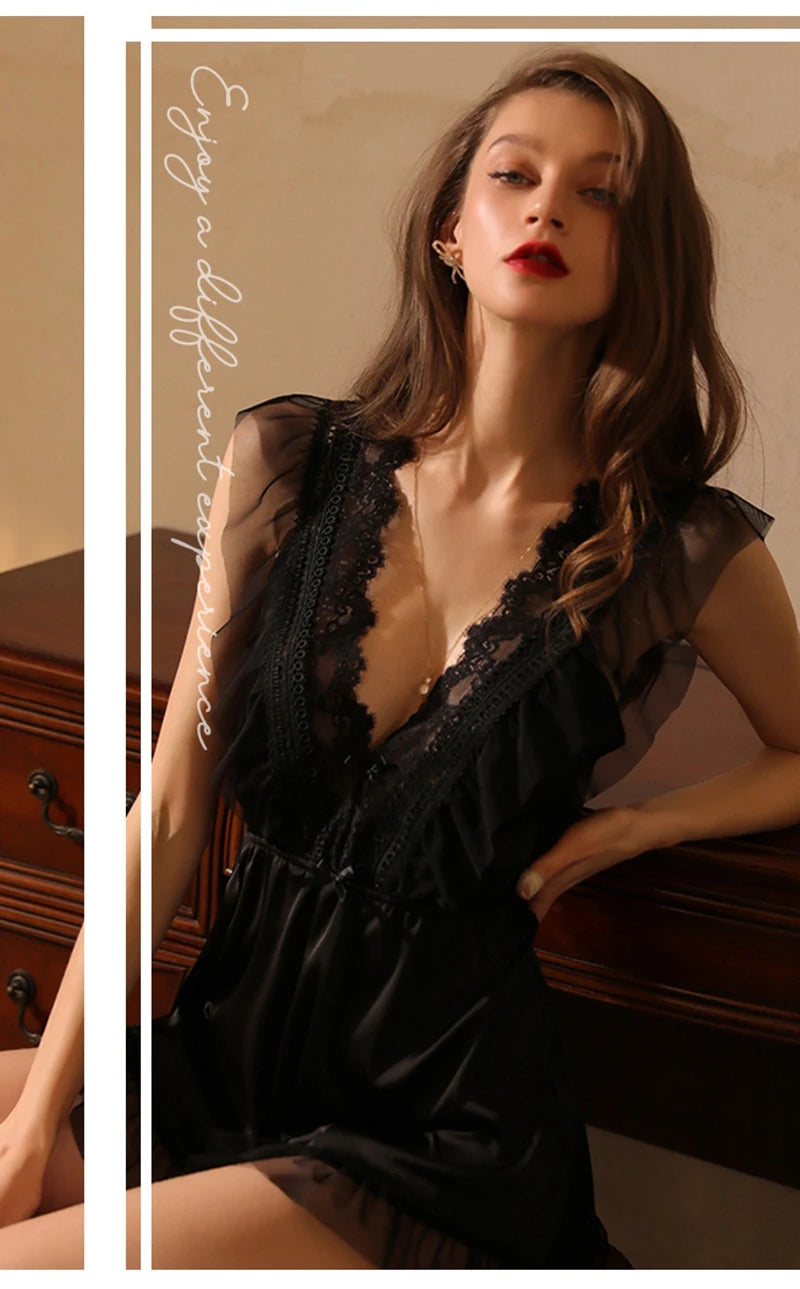 2022 New Sleepwear Women Summer Silk Nightdress Beauty Back Night Dress Home Clothes Nightwear Sleepshirts Satin Negligee RT220