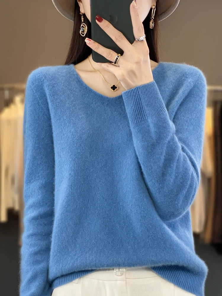 2024 New Womens Basic V-neck Pullover Sweater 100% Merino Wool Long Sleeve Cashmere Knitwear Autumn Winter Female Clothing Tops RT220