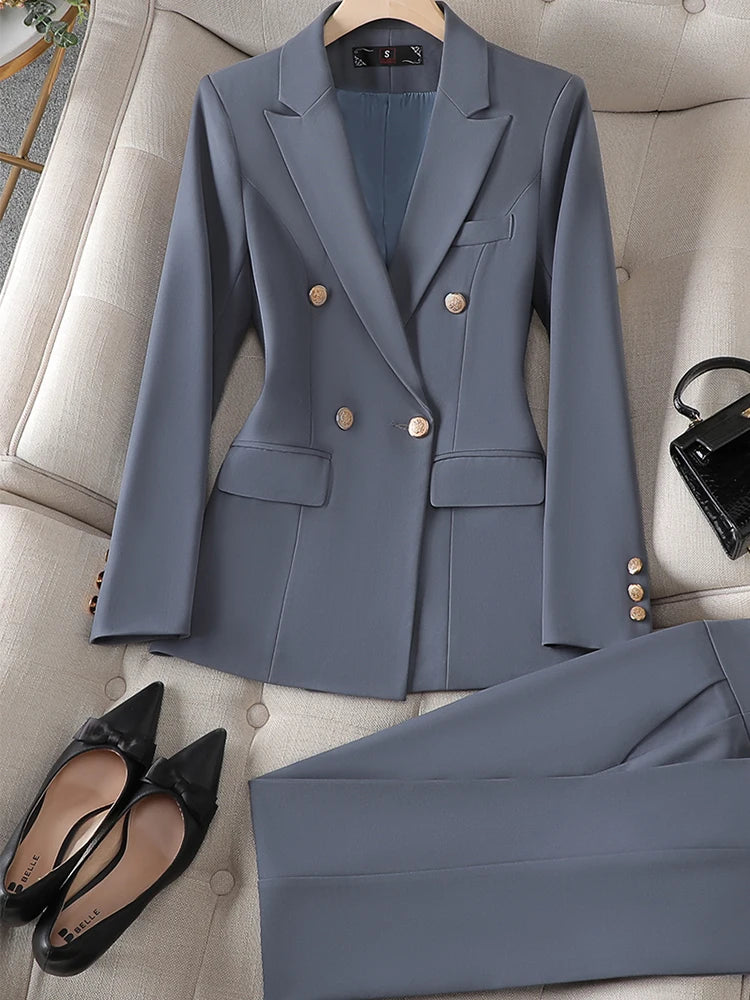 Gray Black Blue White Fashion Women Pant Suit Long Sleeve Solid Ladies Blazer and Trouser Formal 2 Piece Set For Autumn Winter RT220
