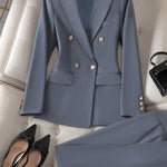 Gray Black Blue White Fashion Women Pant Suit Long Sleeve Solid Ladies Blazer and Trouser Formal 2 Piece Set For Autumn Winter RT220