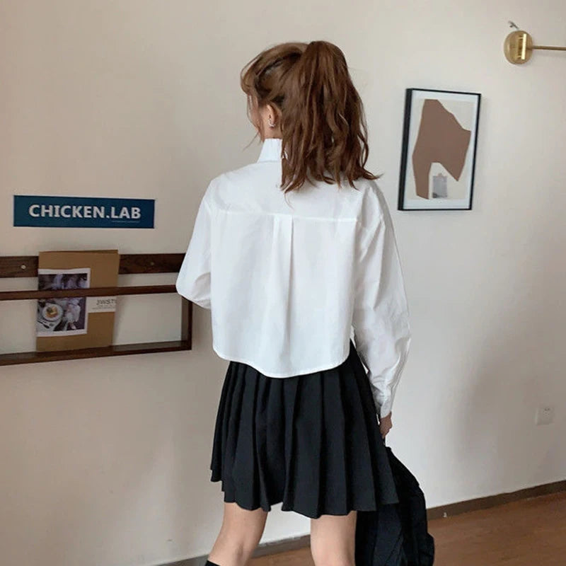 MEXZT Fashion Korean Pocket Cropped Blouse Women Casual Preppy Style Long Sleeve Short Shirt Fall Solid White All-match Y2k Tops RT220