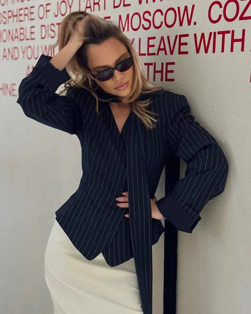 Trendix Elegant Blazer 2 Piece Sets Women V Neck Patchwork Scarf Lace Up Jackets Femme Bodycon Skirt And Commuting Blazers Suits RT220