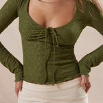 CHRONSTYLE Vintage Women Spring Fall Slim Fit Lace T-shirts Crop Tops Long Sleeve Low Cut Tie Up Tees Shirts Party Clubwear 2023 RT220