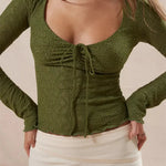 CHRONSTYLE Vintage Women Spring Fall Slim Fit Lace T-shirts Crop Tops Long Sleeve Low Cut Tie Up Tees Shirts Party Clubwear 2023 RT220