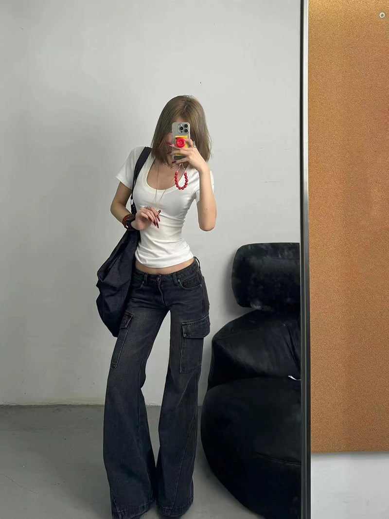 Streetwear Vintage Black Jeans Women American Y2K Slim High Waist Flare Denim Pants Female Casual Multiple Pockets Denim Trouser RT220