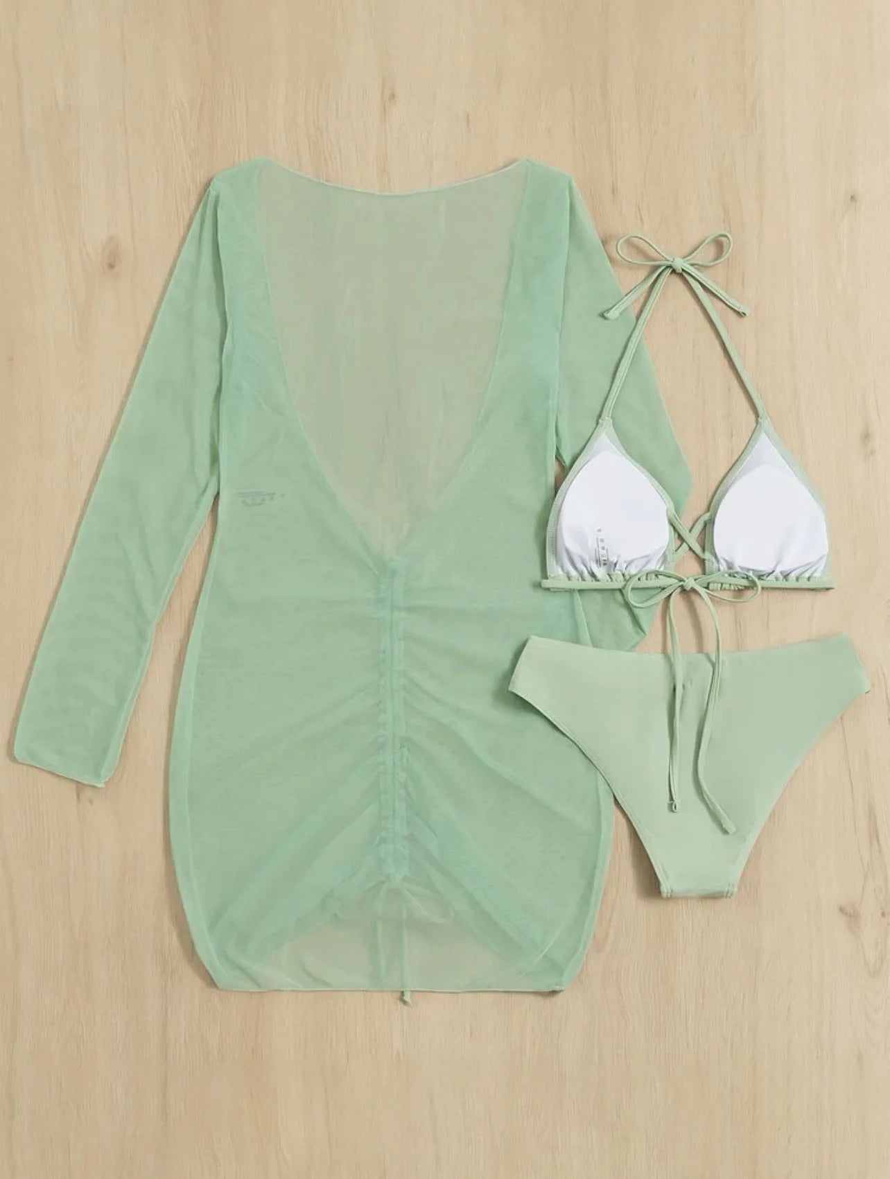 Long Sleeves Dress Bikini Set 2025 Women Neon Green Lace Up 3 Pieces Swimsuit Brazilian Bathing Suit Pleate Cover Up Swimwear RT220