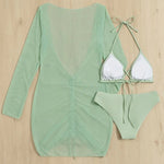 Long Sleeves Dress Bikini Set 2025 Women Neon Green Lace Up 3 Pieces Swimsuit Brazilian Bathing Suit Pleate Cover Up Swimwear RT220