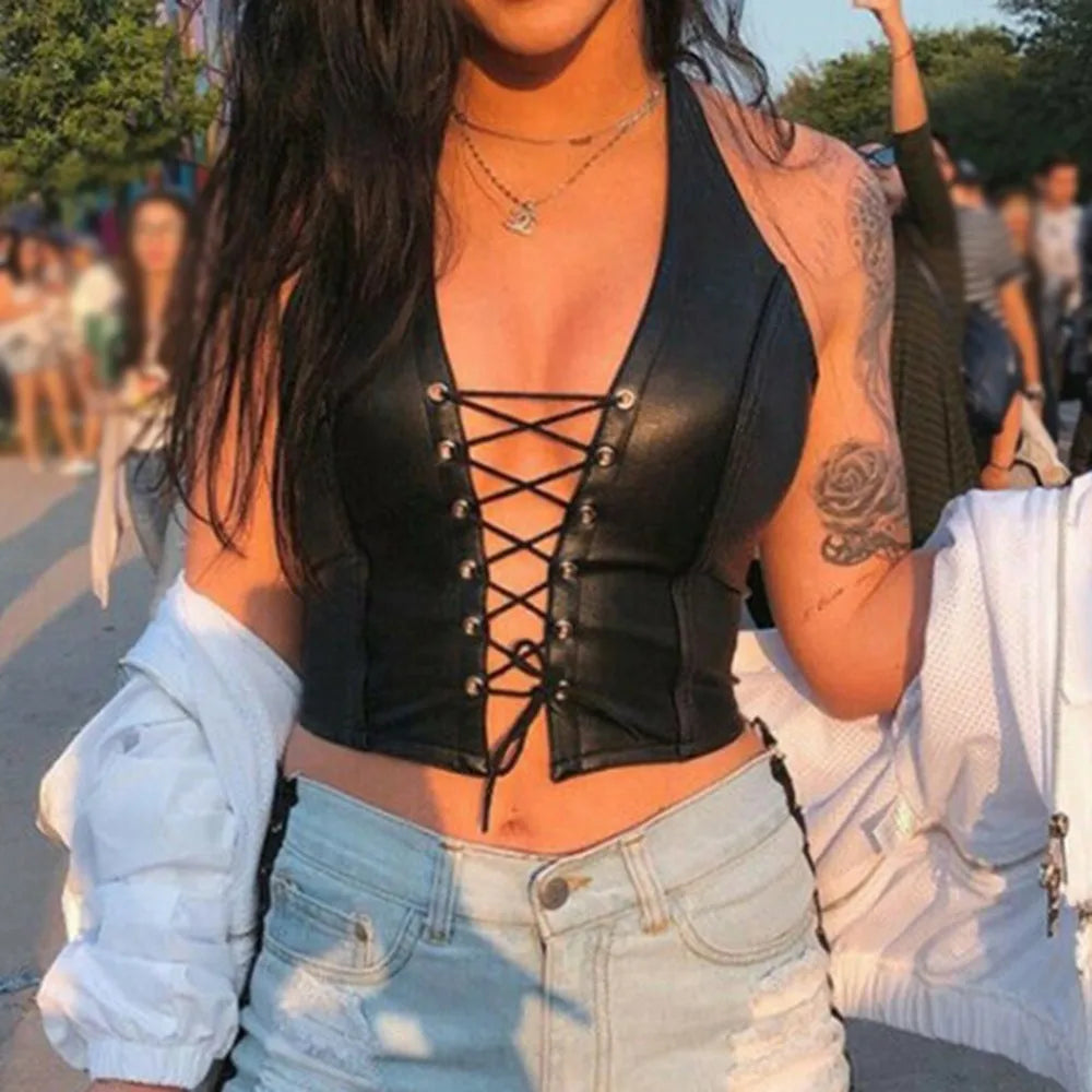 Women Y2k Sexy Gothic Patent Leather Backless Lace Up Crop Top Wet Look Corset Bra Vest Clubwear Club Party Female Tank Tops RT220