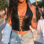 Women Y2k Sexy Gothic Patent Leather Backless Lace Up Crop Top Wet Look Corset Bra Vest Clubwear Club Party Female Tank Tops RT220