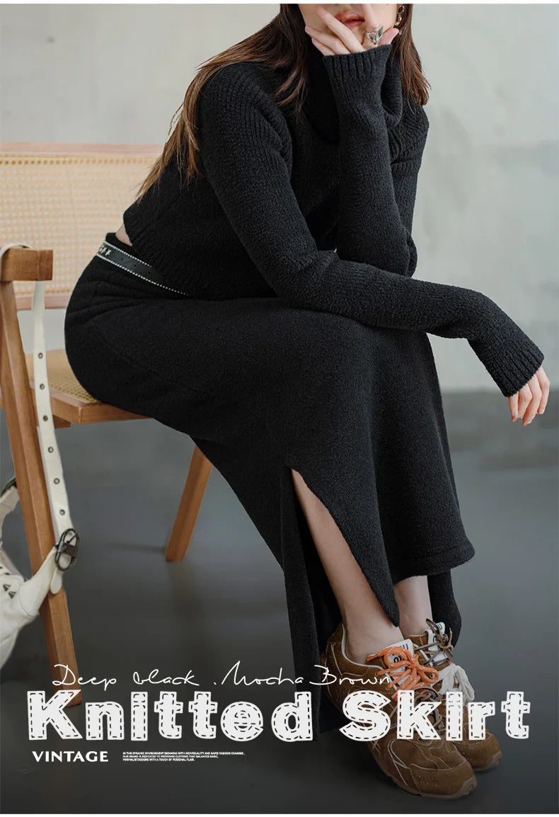 Maden Retro Knitted Skirt Solid Color Slit Fit with Single-side Slit Versatile A - line Skirt for Women's Autumn and Winter RT220