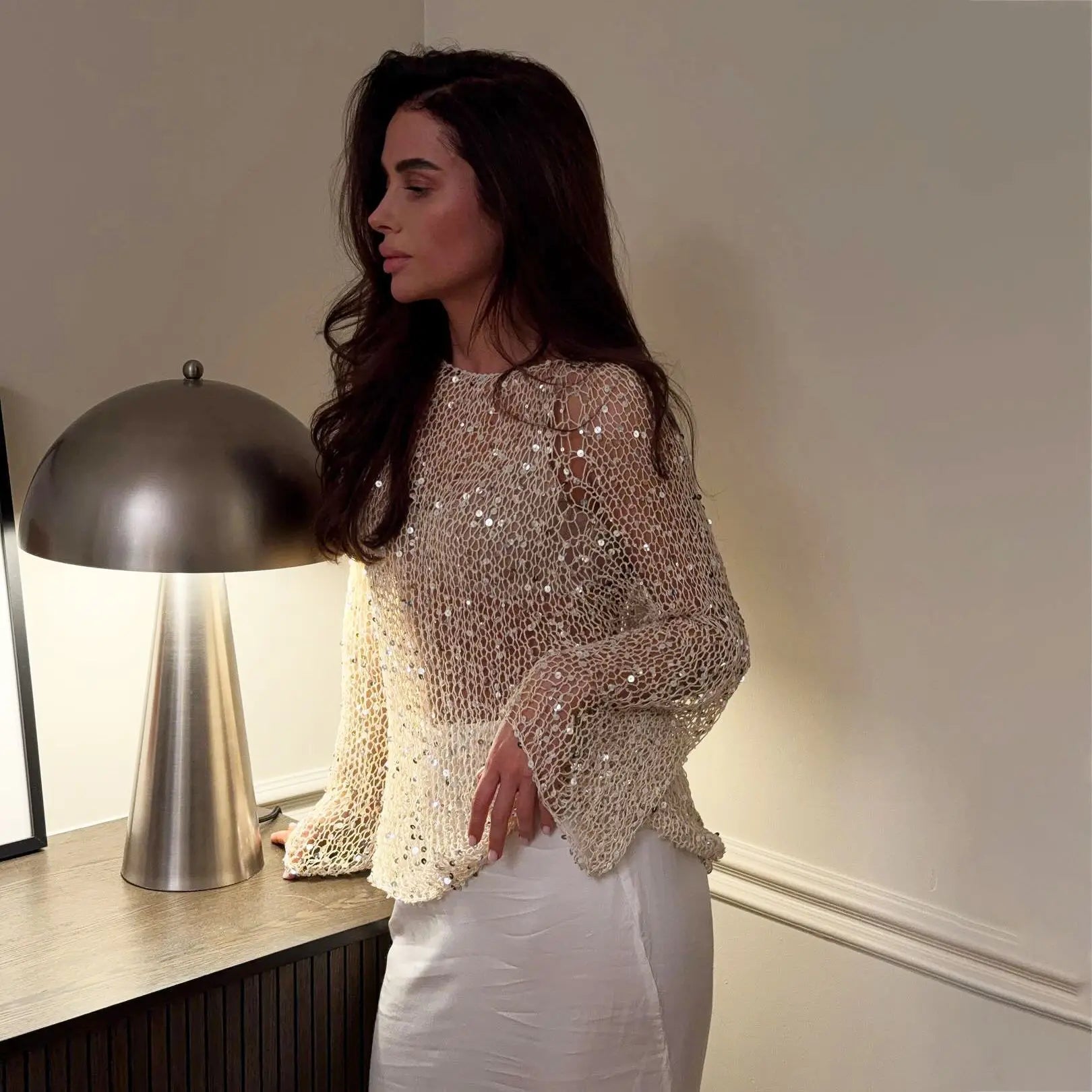 Sequined Knitting O-neck Pullover Women Elegant Hollow Out Design Long Sleeve 2025 Spring Evening Party Tops for Ladies RT220