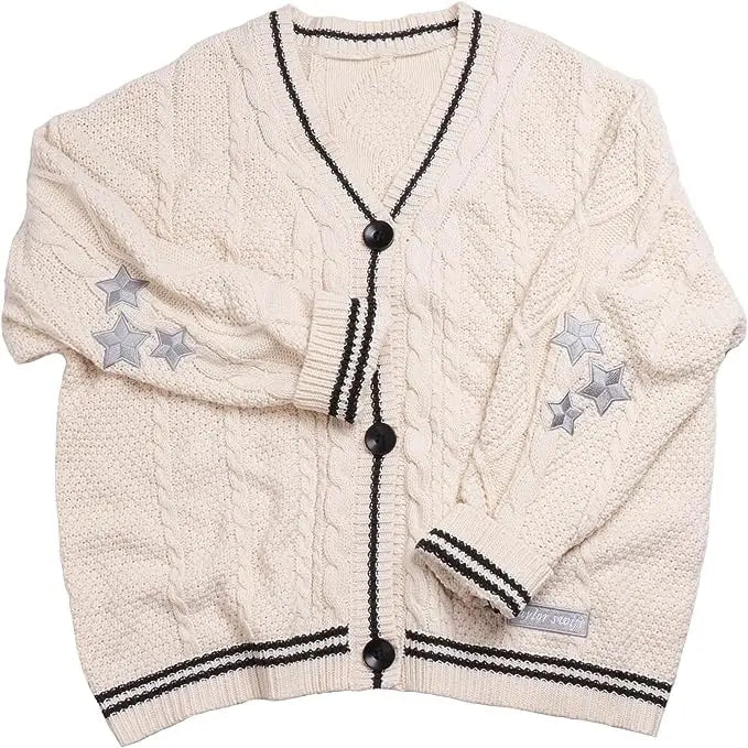 Star Cardigan Women Oversized Button Up Chunky Cable Knitted Sweater with Star Embroidery Sleeve Warm Knitwear Autumn Winter RT220