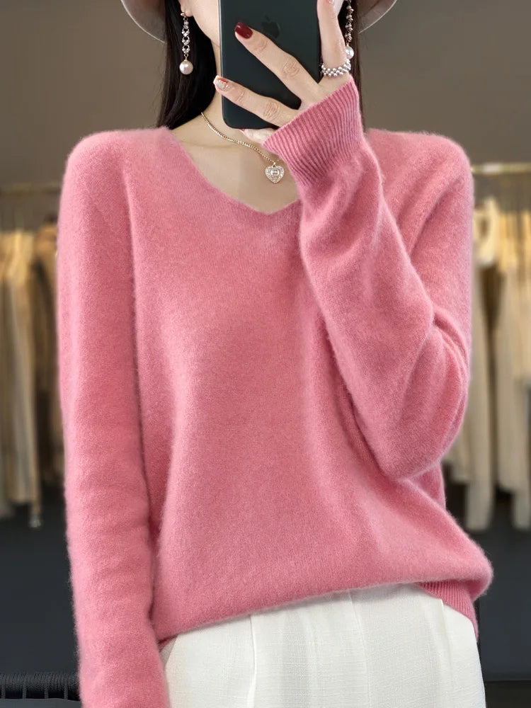 2024 New Womens Basic V-neck Pullover Sweater 100% Merino Wool Long Sleeve Cashmere Knitwear Autumn Winter Female Clothing Tops RT220