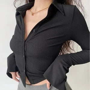 Sexy Slim Flared-sleeve Shirt Polo Collar Lapel Five-color All-match Women's Slim Stretch Long-sleeved Top Women Shirts Blouses RT220