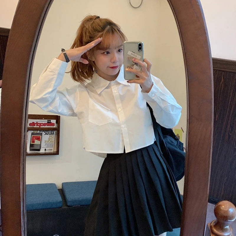 MEXZT Fashion Korean Pocket Cropped Blouse Women Casual Preppy Style Long Sleeve Short Shirt Fall Solid White All-match Y2k Tops RT220