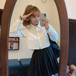 MEXZT Fashion Korean Pocket Cropped Blouse Women Casual Preppy Style Long Sleeve Short Shirt Fall Solid White All-match Y2k Tops RT220