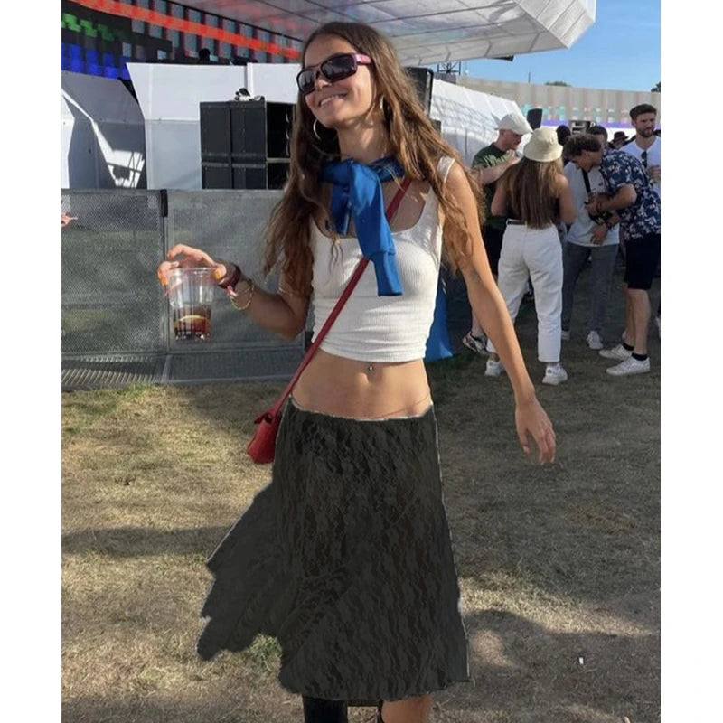 Xingqing 2024 Lace Skirt Women White See Through Floral Lace Low Waist Midi Skirts y2k Aesthetic Fairycore Beach Skirt Clubwear RT220