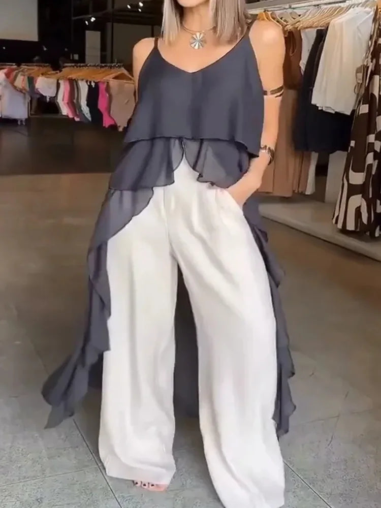 Women Ruffles Long Shirts Dress Summer Elegant Solid Sleeveless Blouse Ladies Casual 2025 Beach V Neck Backless Top Femme Blusas RT220