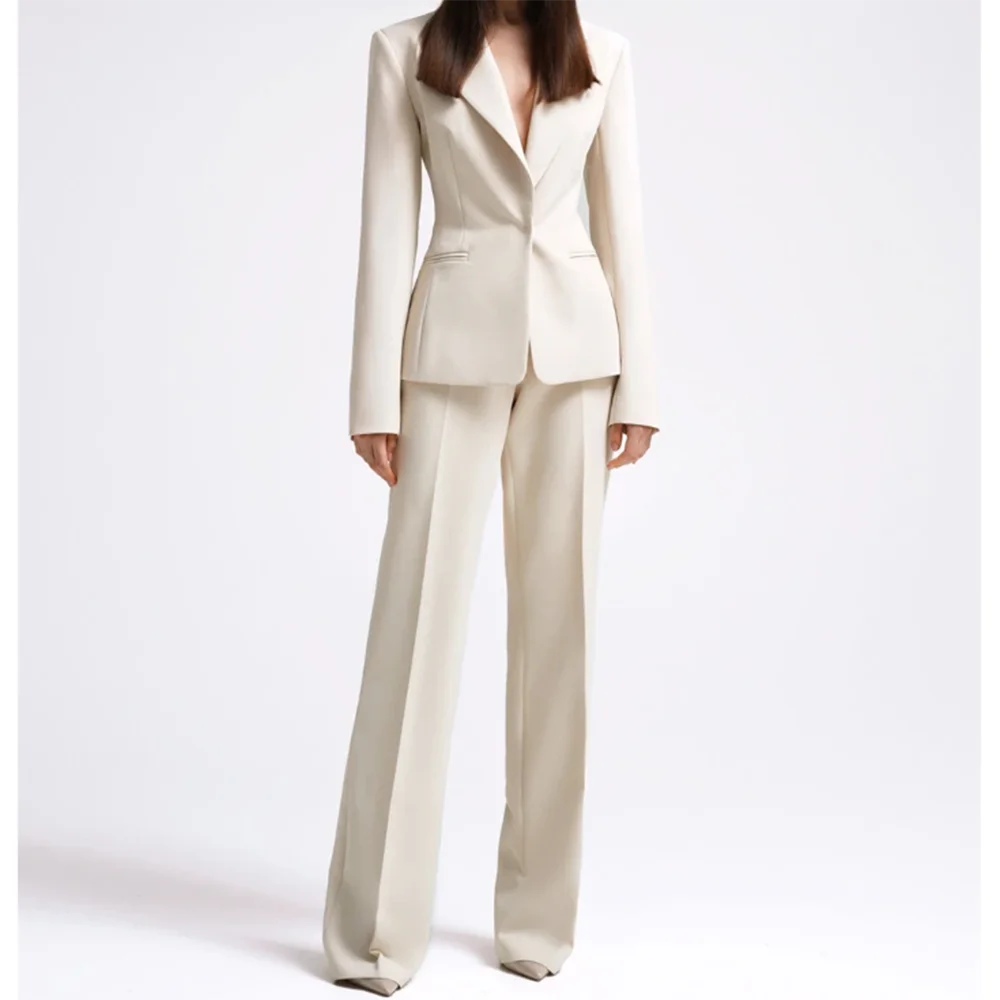 Office Lady Fashion Beige Women Suits One Button Peak Lapel 2 Piece Jacket Pants Slim Fit Smart Causal Conjuntos De Pantalones RT220