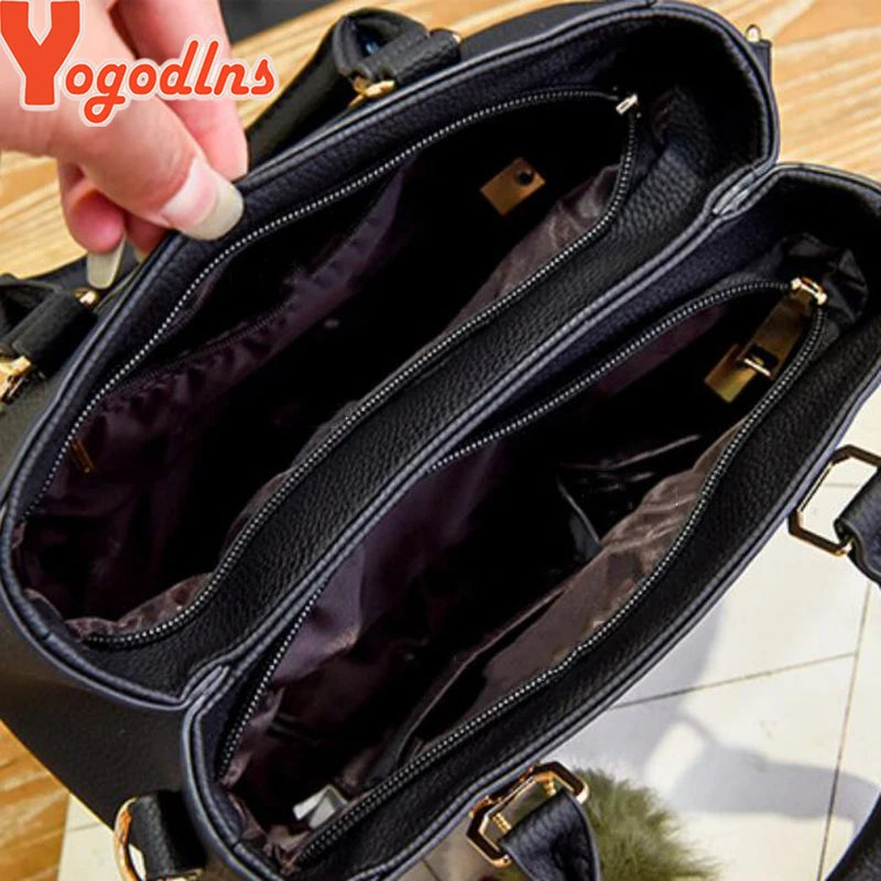 Yogodlns Women Beading Pendant Handbag Ladies Embossed Shoulder Bag Ladies Messenger Bag Hairball Bags High Quality Bag RT220