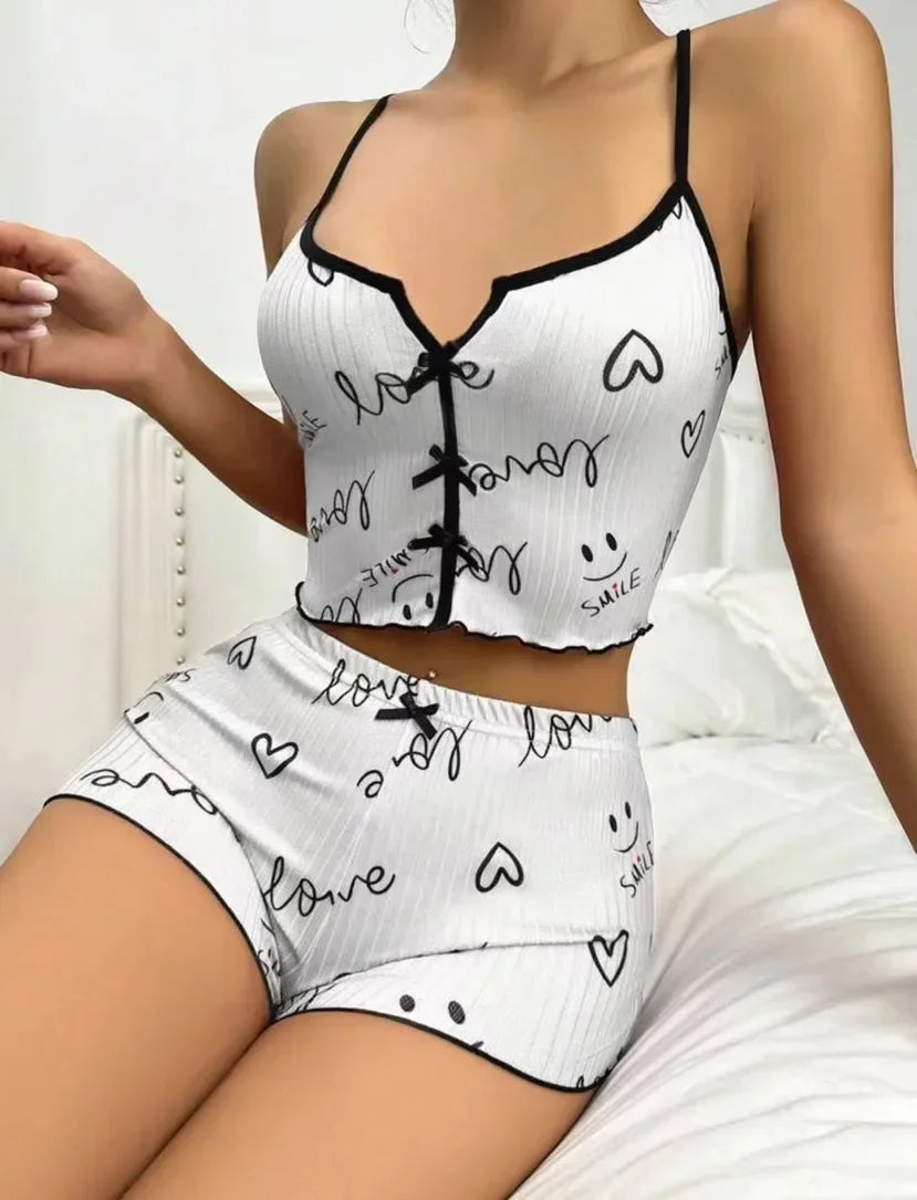 Sleepwear Women Pajamas Set Heart Print Soft Ribbed Fabric with Flirty Frill Trim Casual Cami Top and Shorts Sets Loungewear RT220