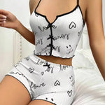 Sleepwear Women Pajamas Set Heart Print Soft Ribbed Fabric with Flirty Frill Trim Casual Cami Top and Shorts Sets Loungewear RT220