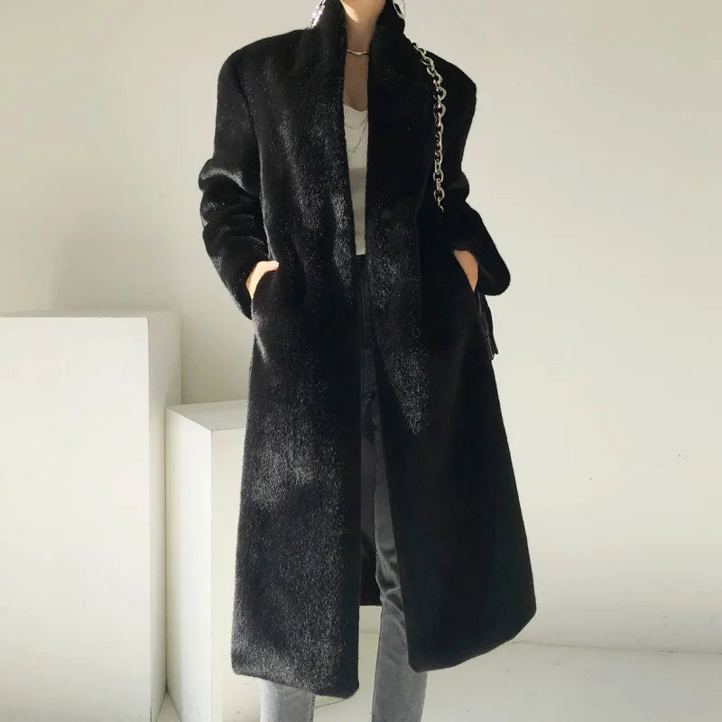 Faux Fur Coats Women Stand Collar Mid Length Long Coat Thick Maxi Warm Y2k Tops Open Stitch Elegant Autumn Winter Black Jackets RT220