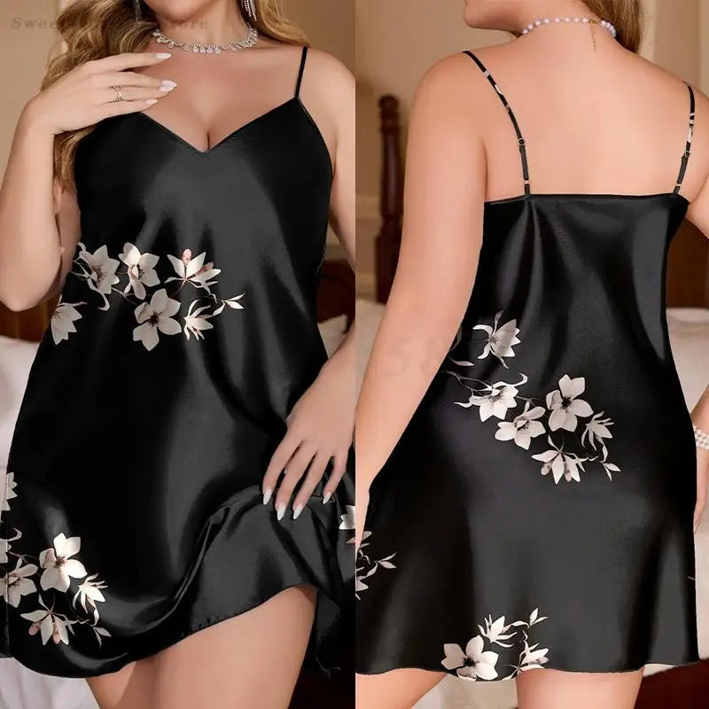 Plus Size 3XL 4XL 5XL Chemise Nightgown Summer New Female Satin Sleepwear Sexy Print Flower Strap Nightdress Homewear Negligee RT220