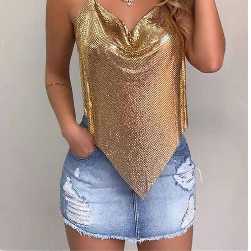 New Sexy Backless Metal Sequined Solid Camis Sleeveless Halter Hollow Out V Neck Adjustable Chain Women Nightclub Crop Tops RT220