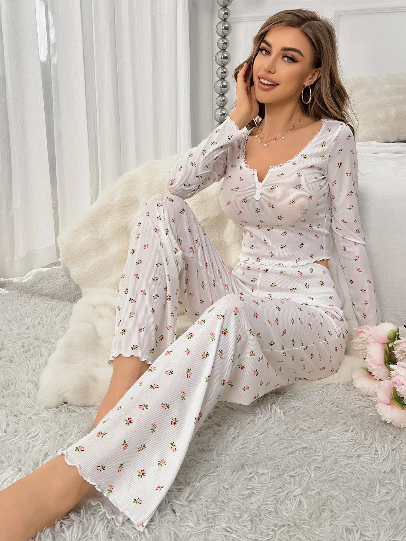 Women's Sleepwear Suit Vintage Floral Print Lettuce Trim Long Sleeve Top and Pant Loungewear Full Sleeve Nightwear Pajamas Set RT220