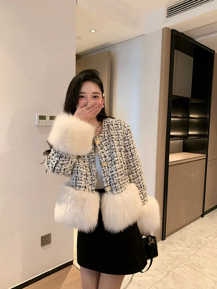 Autumn Winter Women's White Imitation Fox Fur Single Breasted Short Jacket New High-Quality Cotton/Non Cotton Wool Coats RT220