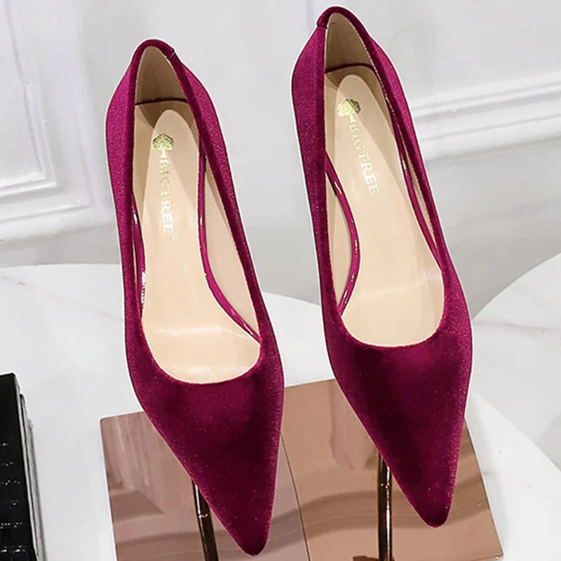 Western Style Fashion Simplicity Party Women Shoes 4.5cm Thin Heels Mid-heels Shallow Pointed Toe Flock Ladies Shoes Wine Red RT220